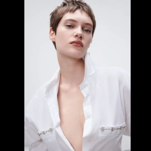 Zara White Jewel Detail Oversized Shirt - Picture 8 of 11